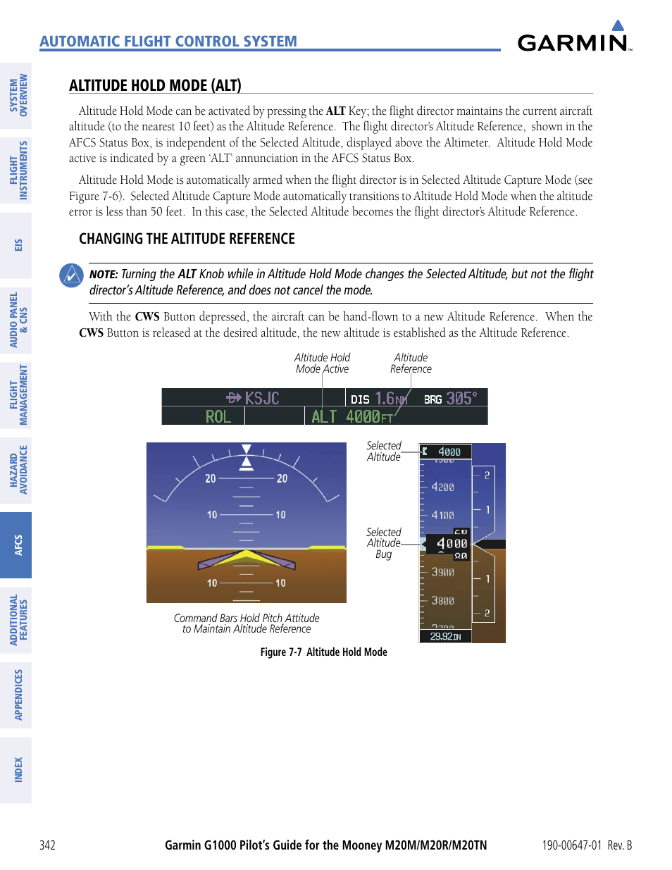 Altitude hold mode (alt), Automatic flight control system, Changing the altitude reference | Garmin G1000 Mooney M20TN User Manual | Page 353 / 494