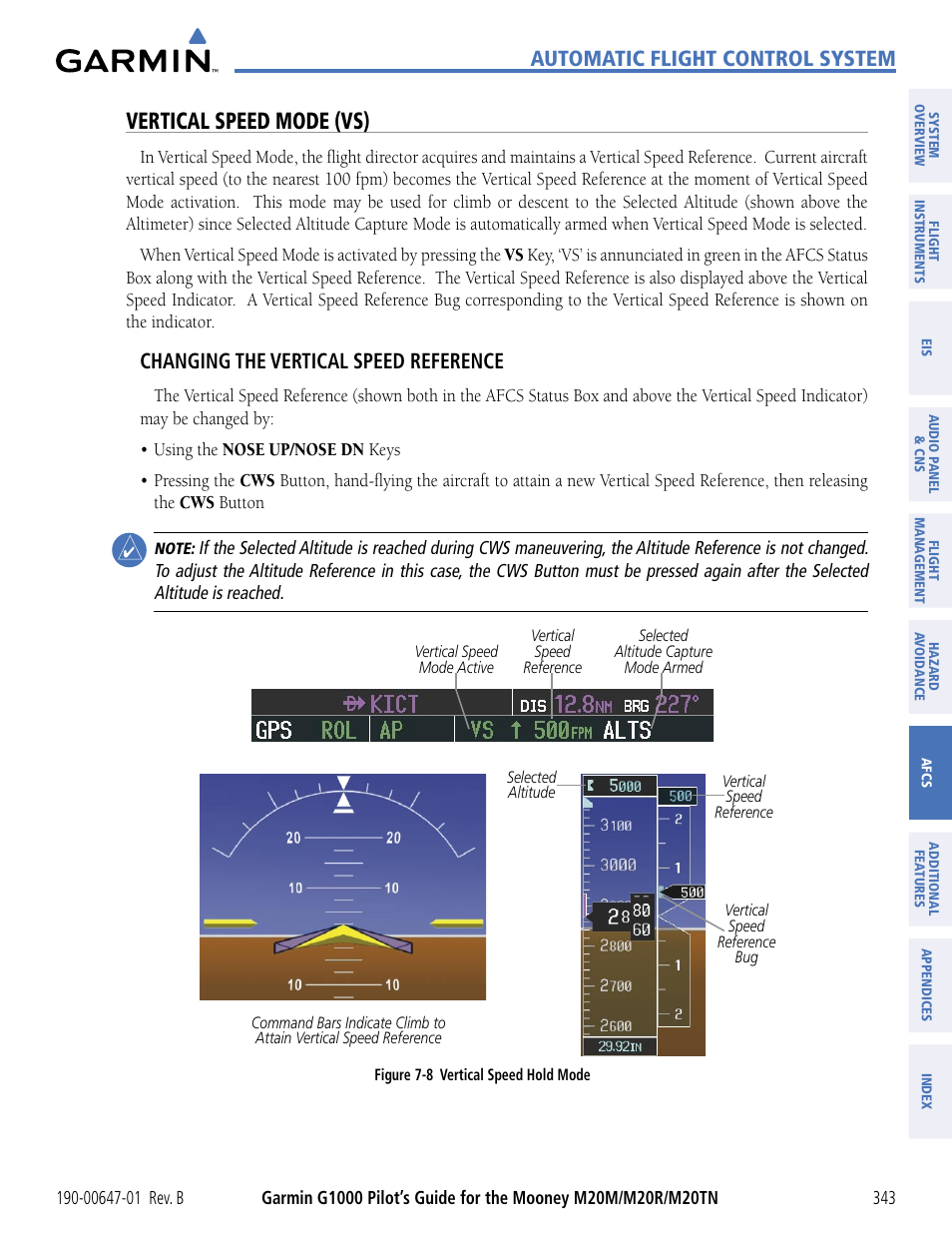 Vertical speed mode (vs), Automatic flight control system, Changing the vertical speed reference | Garmin G1000 Mooney M20TN User Manual | Page 354 / 494