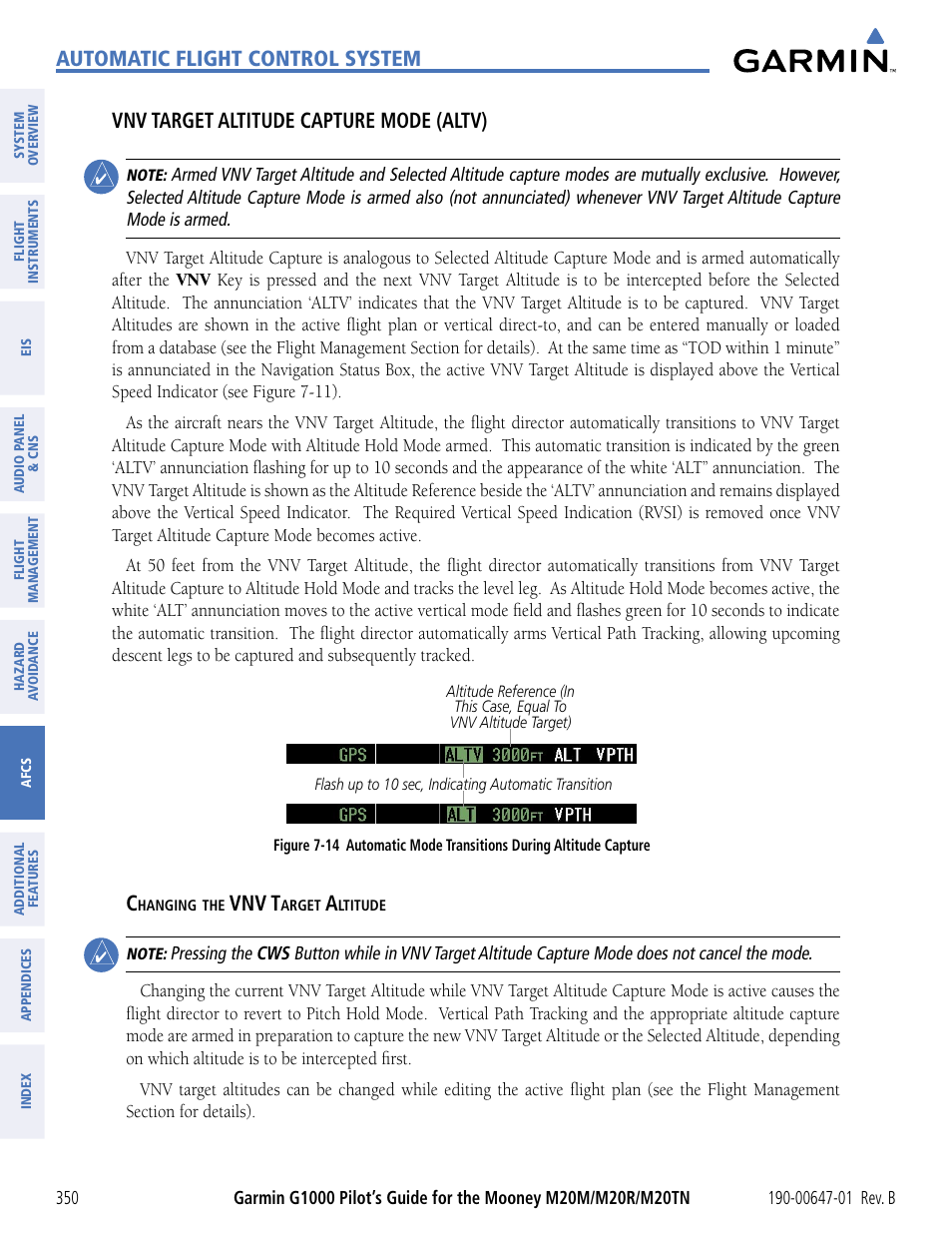 Automatic flight control system, Vnv target altitude capture mode (altv), Vnv t | Garmin G1000 Mooney M20TN User Manual | Page 361 / 494