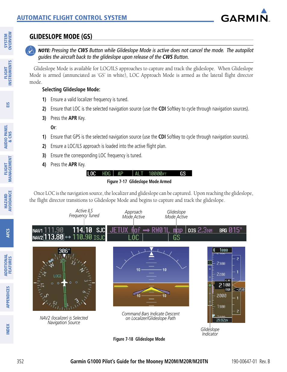 Glideslope mode (gs), Automatic flight control system | Garmin G1000 Mooney M20TN User Manual | Page 363 / 494