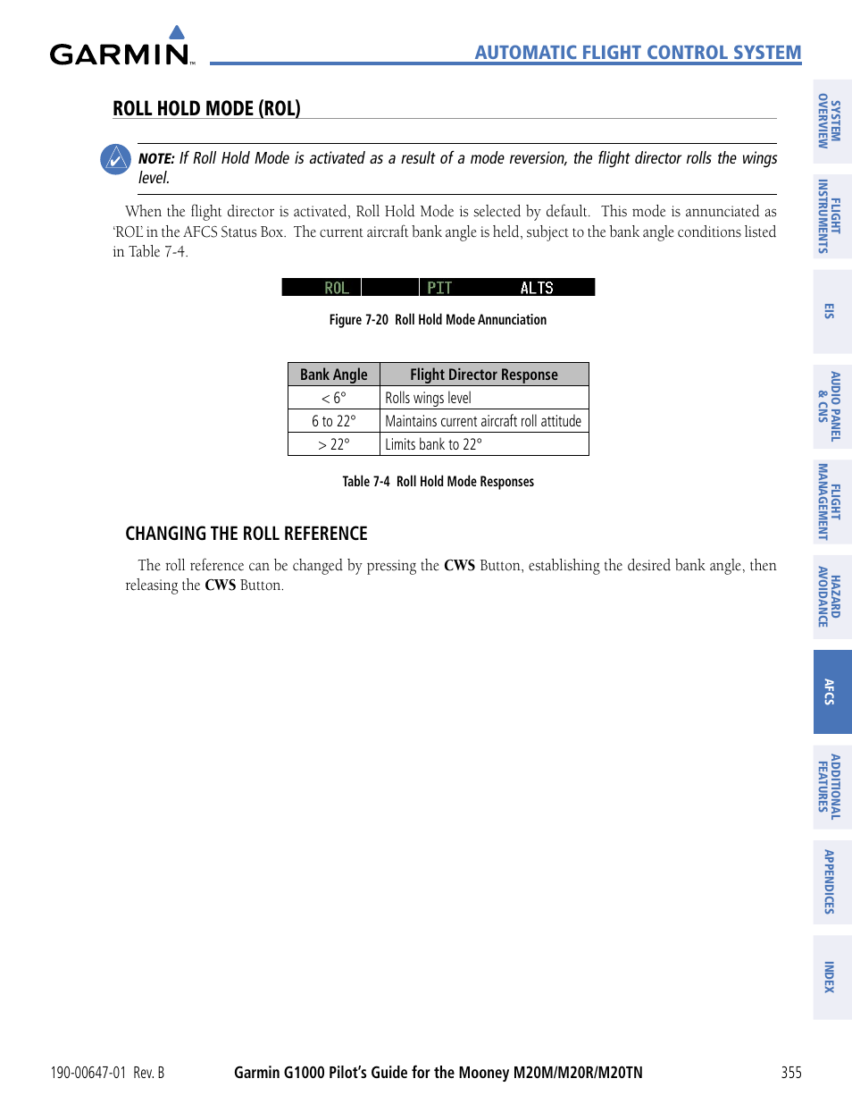 Roll hold mode (rol), Automatic flight control system, Changing the roll reference | Garmin G1000 Mooney M20TN User Manual | Page 366 / 494