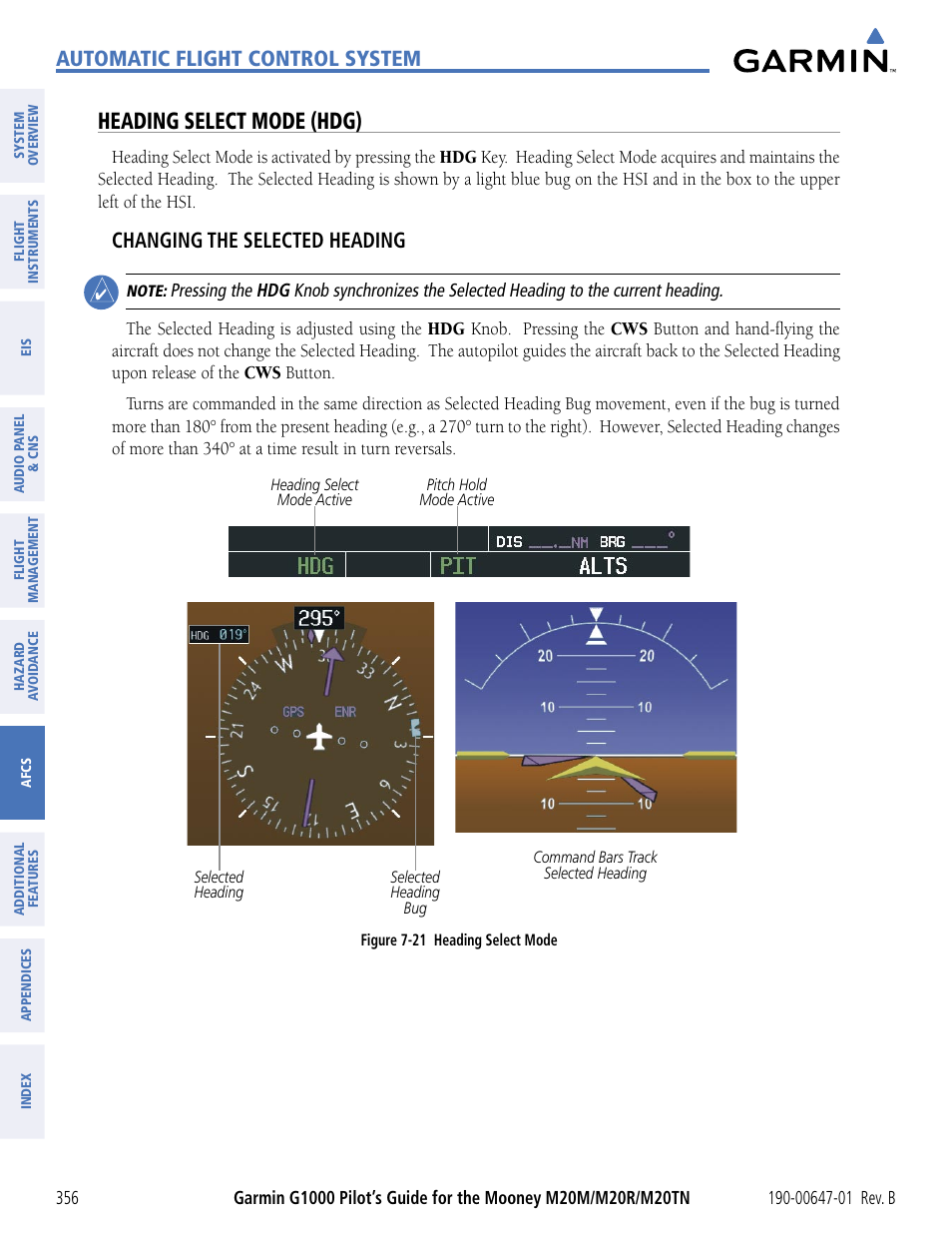 Heading select mode (hdg), Automatic flight control system, Changing the selected heading | Garmin G1000 Mooney M20TN User Manual | Page 367 / 494