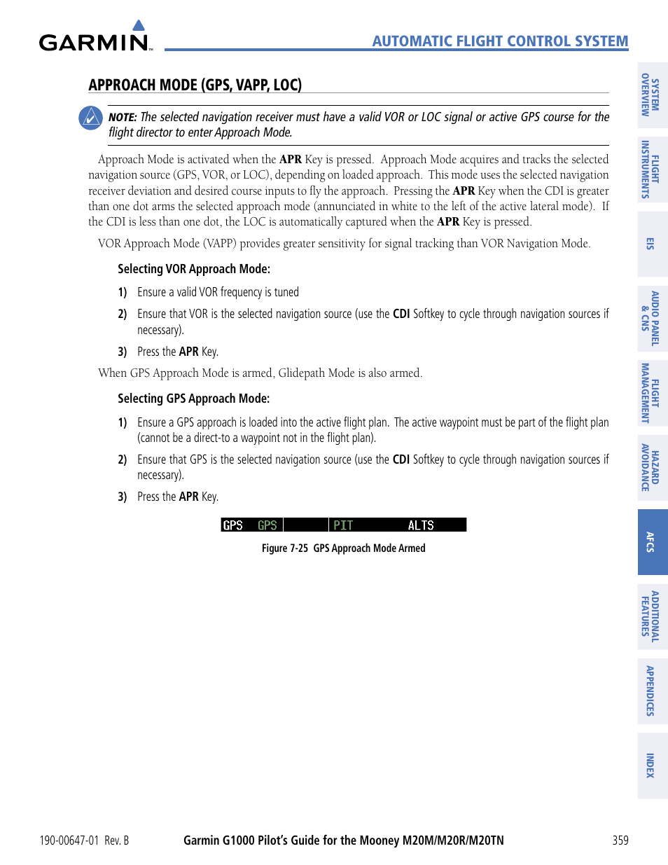 Approach mode (gps, vapp, loc), Automatic flight control system | Garmin G1000 Mooney M20TN User Manual | Page 370 / 494