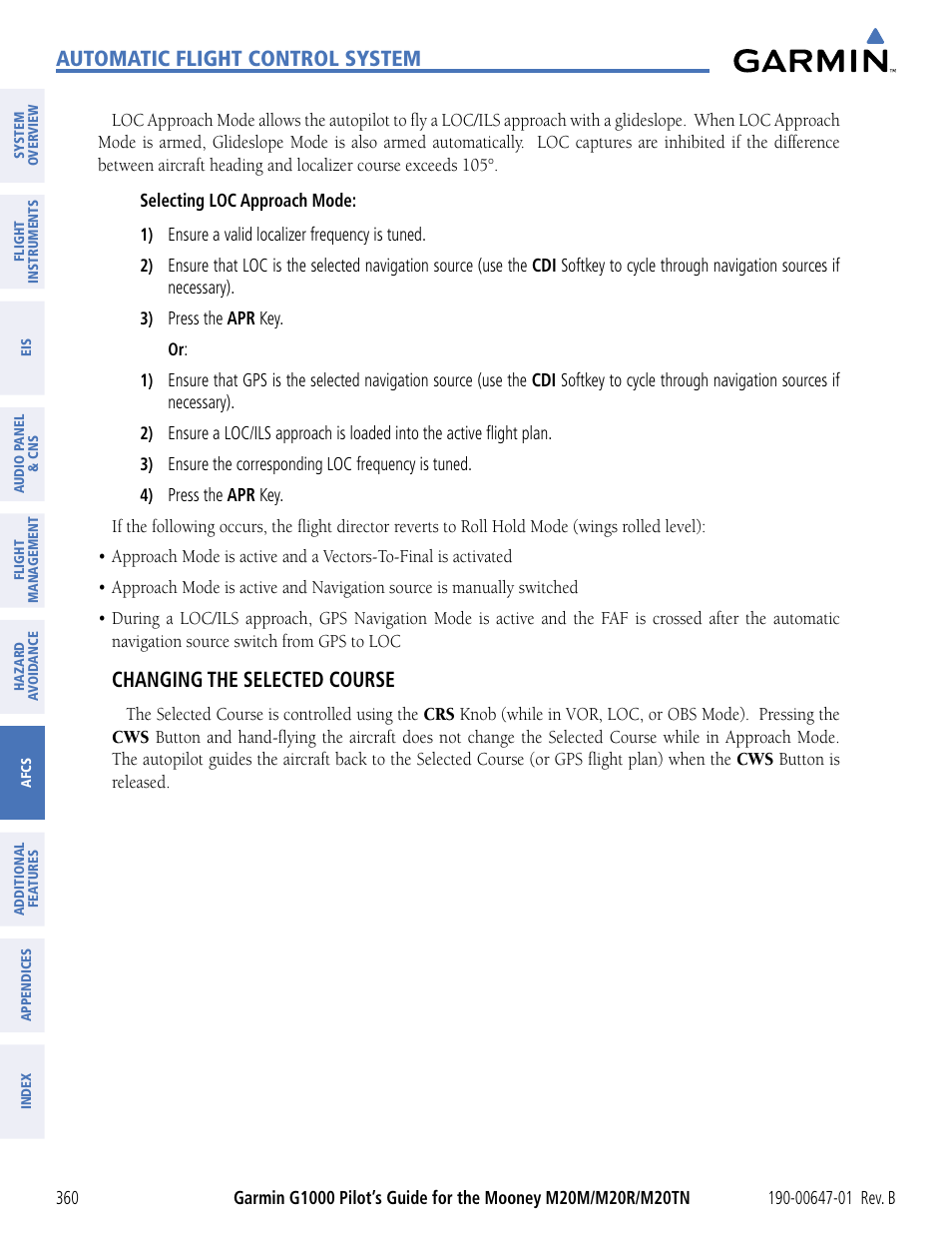 Automatic flight control system, Changing the selected course | Garmin G1000 Mooney M20TN User Manual | Page 371 / 494