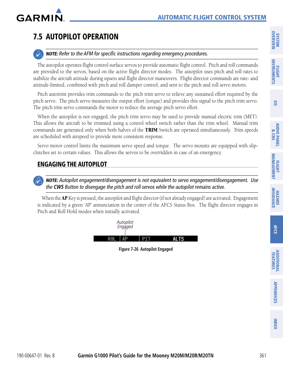5 autopilot operation, Engaging the autopilot, Automatic flight control system | Garmin G1000 Mooney M20TN User Manual | Page 372 / 494