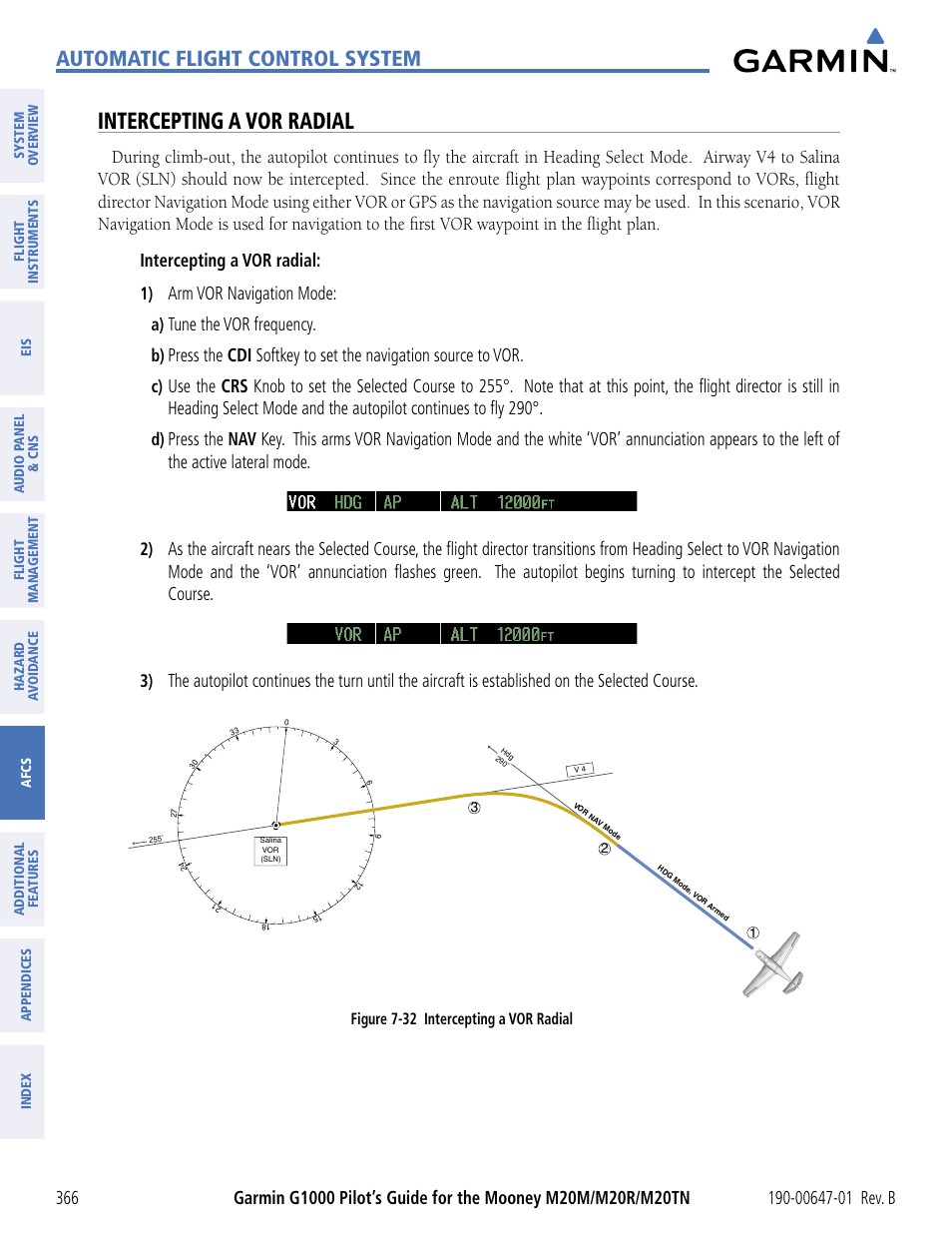 Intercepting a vor radial, Automatic flight control system, Arm vor navigation mode | Tune the vor frequency | Garmin G1000 Mooney M20TN User Manual | Page 377 / 494