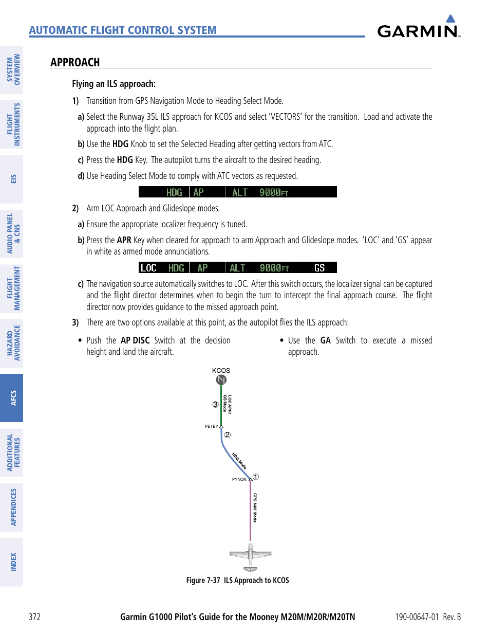 Approach, Automatic flight control system, Flying an ils approach | Arm loc approach and glideslope modes | Garmin G1000 Mooney M20TN User Manual | Page 383 / 494