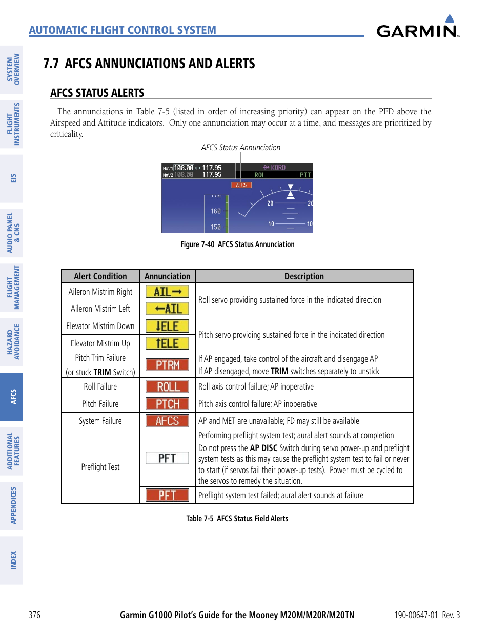 7 afcs annunciations and alerts, Afcs status alerts, Automatic flight control system | Garmin G1000 Mooney M20TN User Manual | Page 387 / 494