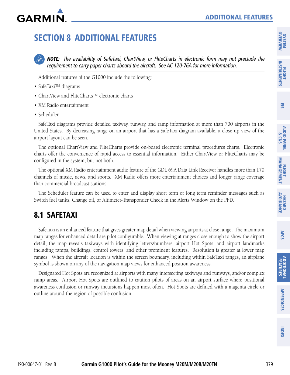 Section 8 additional features, 1 safetaxi, Additional features | Garmin G1000 Mooney M20TN User Manual | Page 390 / 494