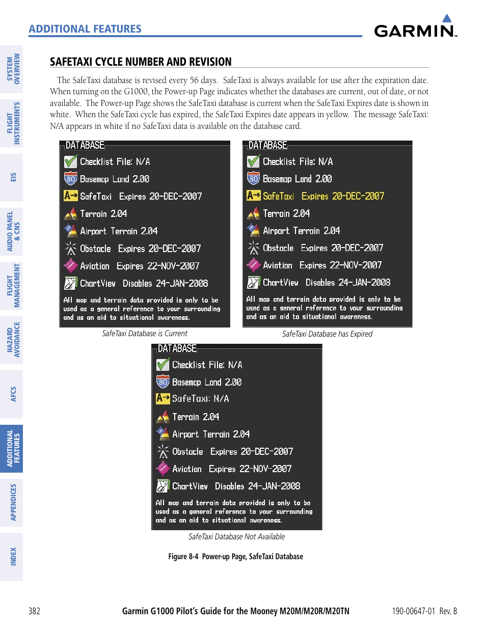 Safetaxi cycle number and revision, Additional features | Garmin G1000 Mooney M20TN User Manual | Page 393 / 494