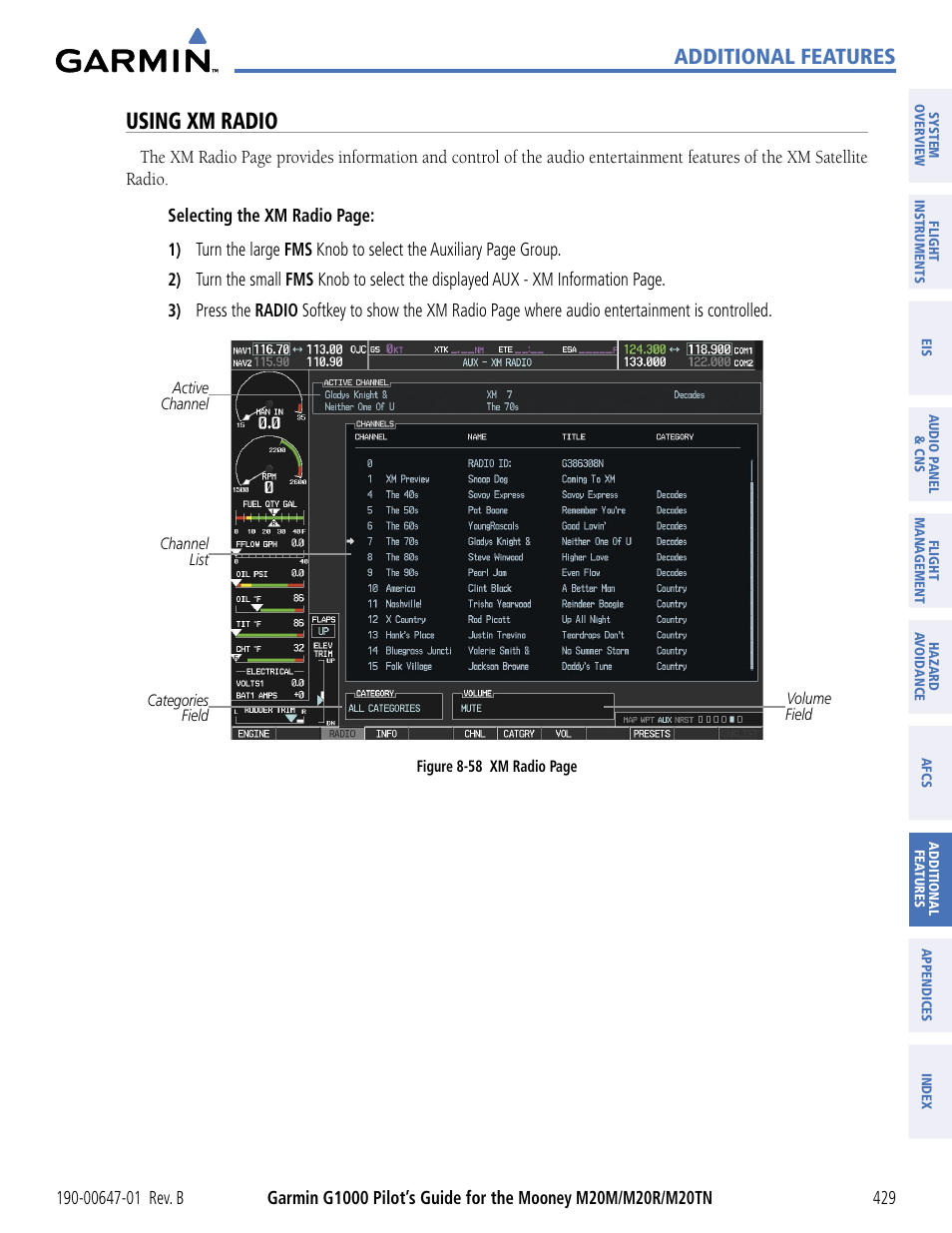 Using xm radio, Additional features | Garmin G1000 Mooney M20TN User Manual | Page 440 / 494