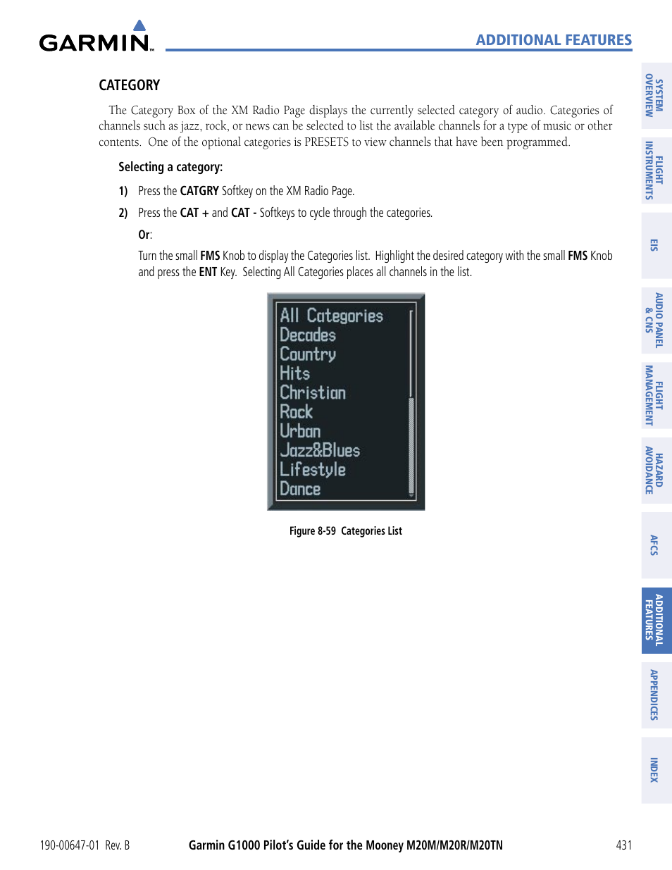 Additional features, Category | Garmin G1000 Mooney M20TN User Manual | Page 442 / 494