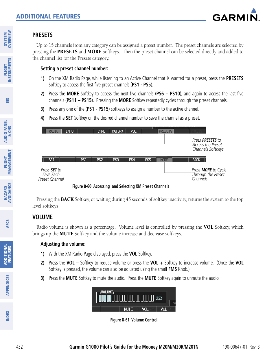 Additional features, Presets, Volume | Garmin G1000 Mooney M20TN User Manual | Page 443 / 494