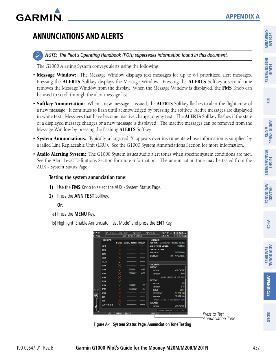 Appendices, Annunciations and alerts, Appendix a | Garmin G1000 Mooney M20TN User Manual | Page 448 / 494
