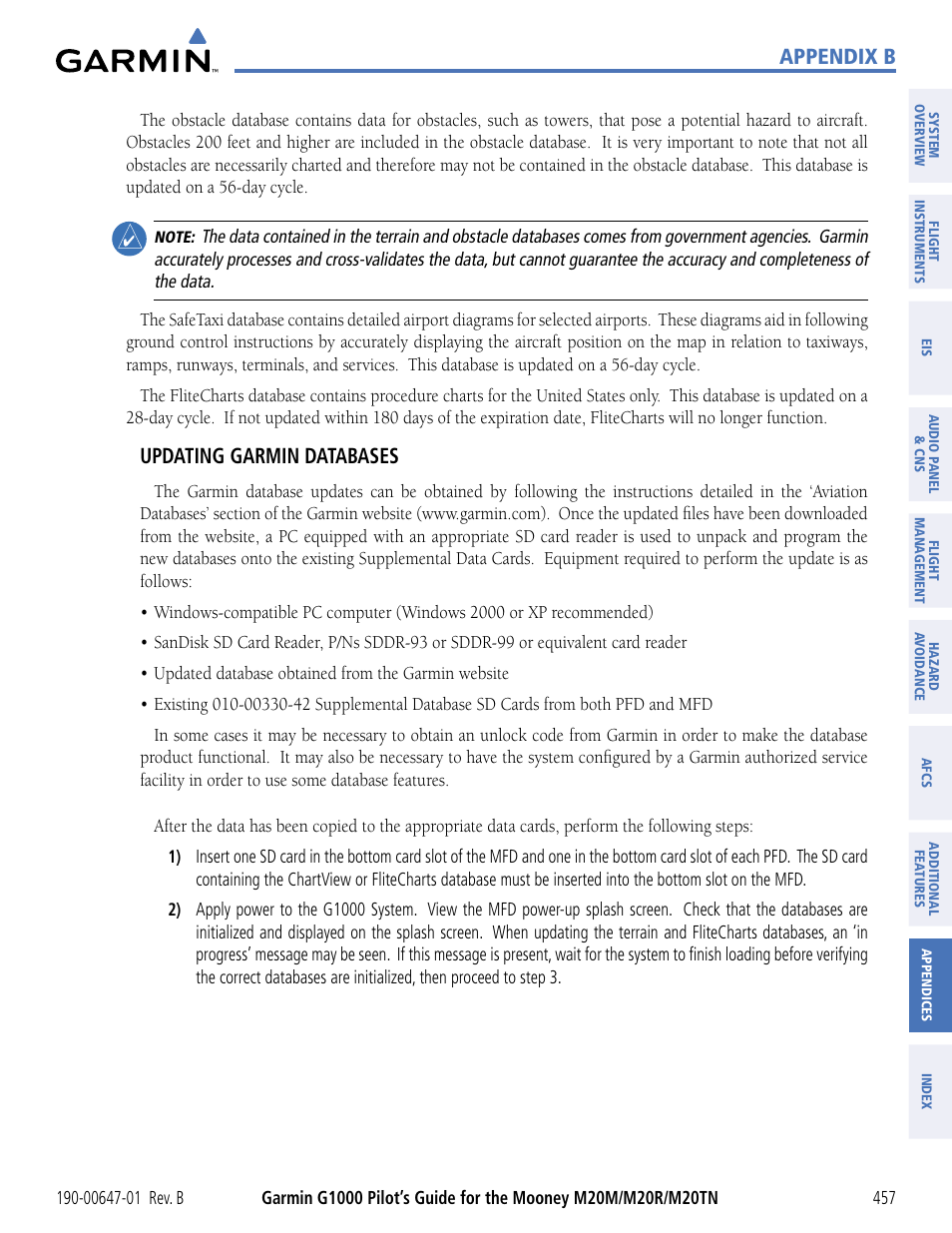 Appendix b, Updating garmin databases | Garmin G1000 Mooney M20TN User Manual | Page 468 / 494