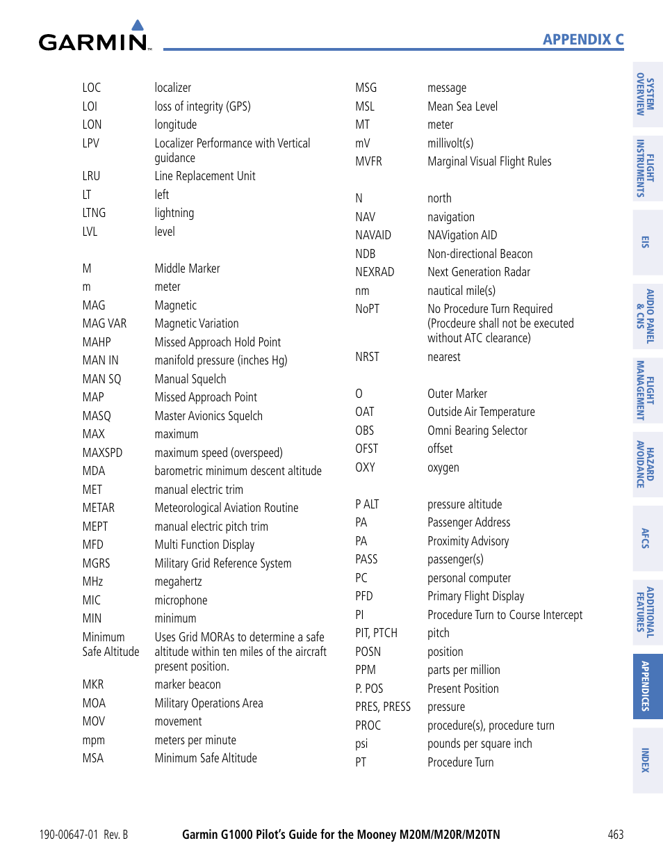 Appendix c | Garmin G1000 Mooney M20TN User Manual | Page 474 / 494