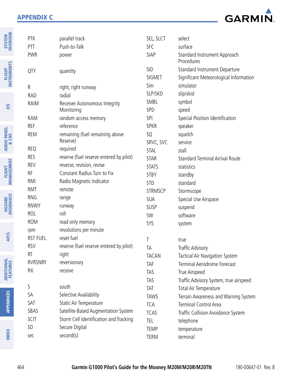 Appendix c | Garmin G1000 Mooney M20TN User Manual | Page 475 / 494