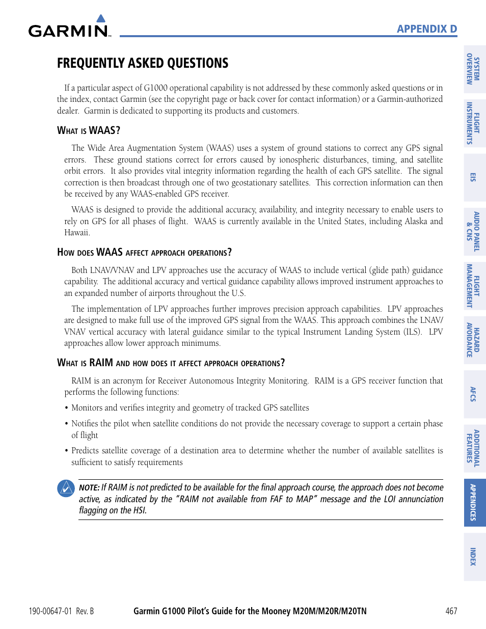 Frequently asked questions, Appendix d, Waas | Raim | Garmin G1000 Mooney M20TN User Manual | Page 478 / 494