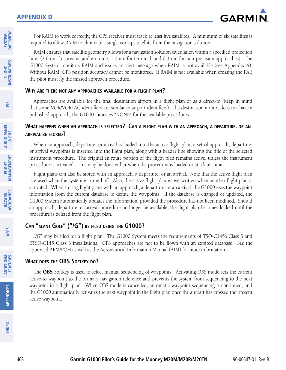 Appendix d, G1000, Obs s | Garmin G1000 Mooney M20TN User Manual | Page 479 / 494