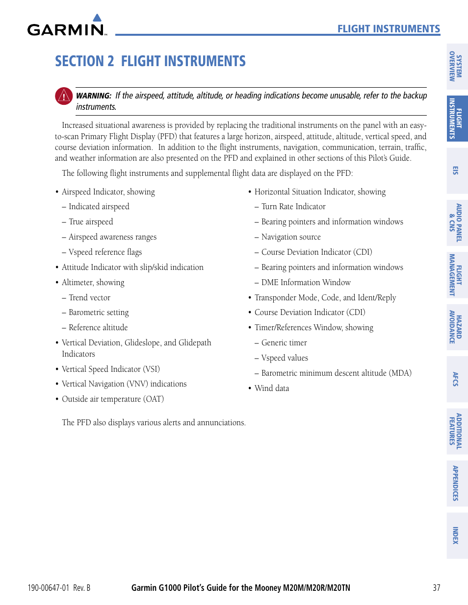 Section 2 flight instruments, Flight instruments | Garmin G1000 Mooney M20TN User Manual | Page 48 / 494