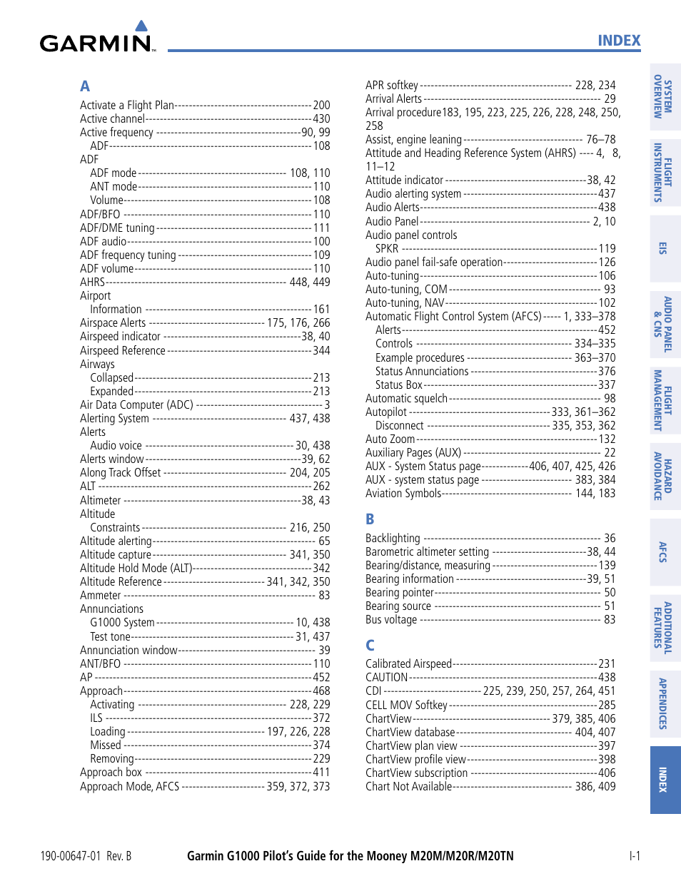 Index | Garmin G1000 Mooney M20TN User Manual | Page 488 / 494