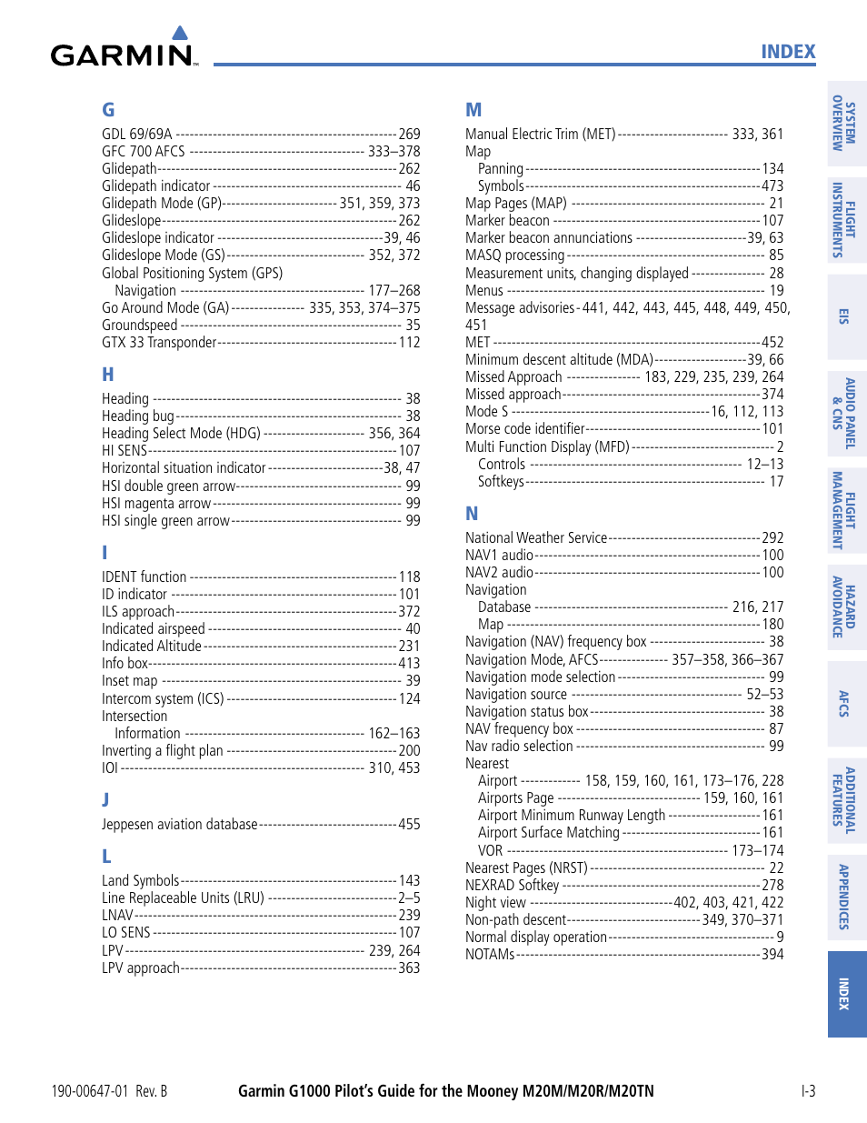 Index | Garmin G1000 Mooney M20TN User Manual | Page 490 / 494