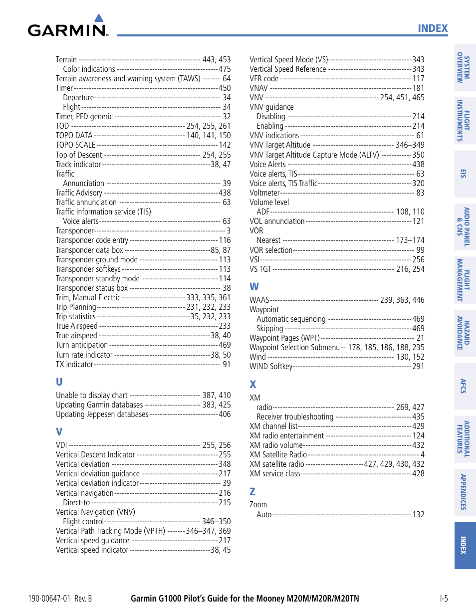 Index | Garmin G1000 Mooney M20TN User Manual | Page 492 / 494