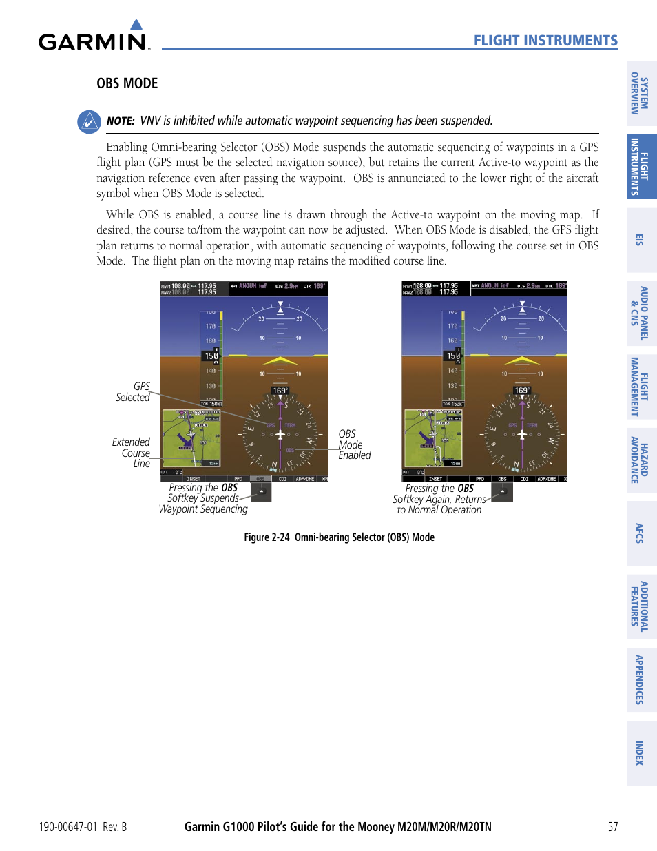 Flight instruments, Obs mode | Garmin G1000 Mooney M20TN User Manual | Page 68 / 494