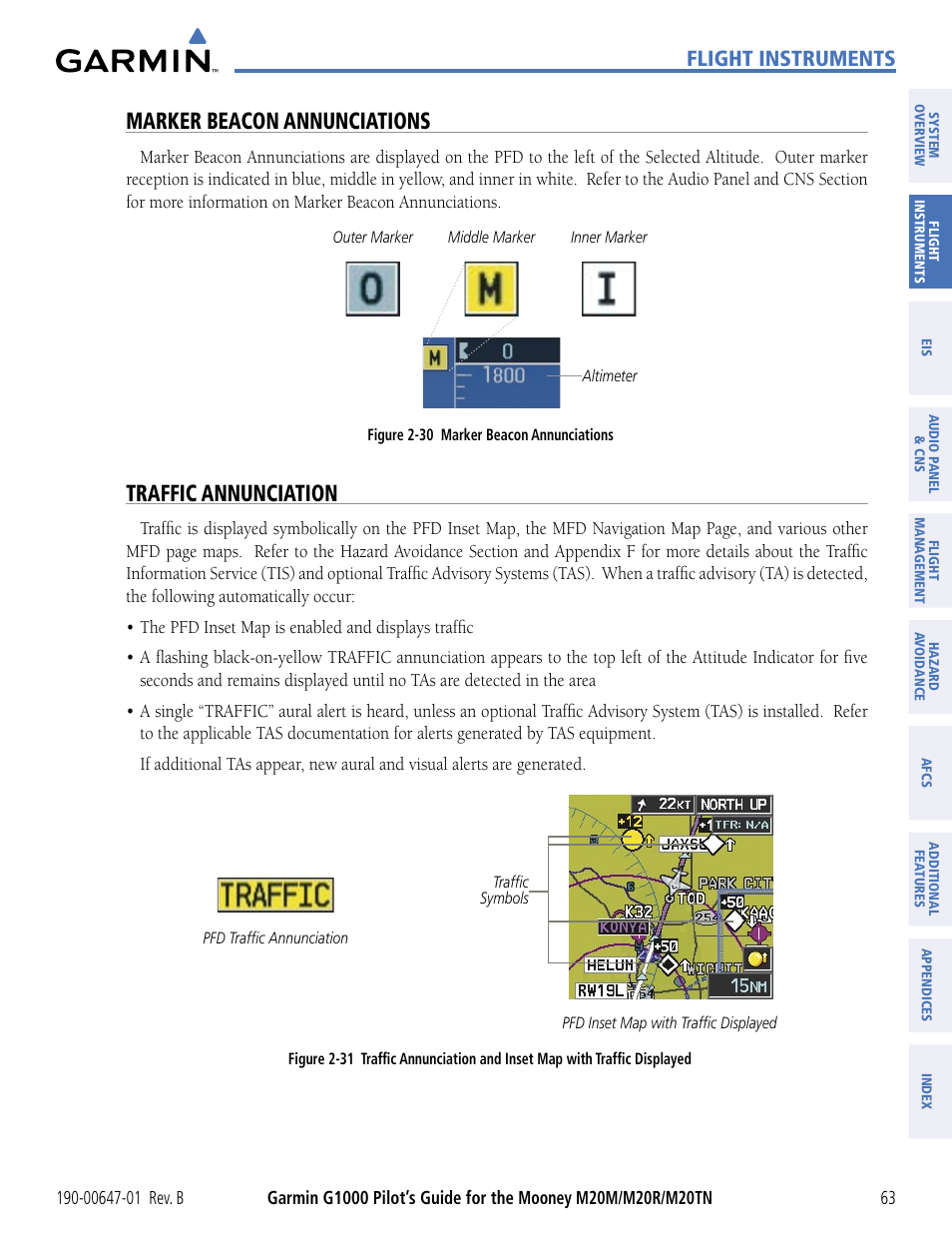 Marker beacon annunciations, Traffic annunciation, Trafﬁc annunciation | Flight instruments | Garmin G1000 Mooney M20TN User Manual | Page 74 / 494