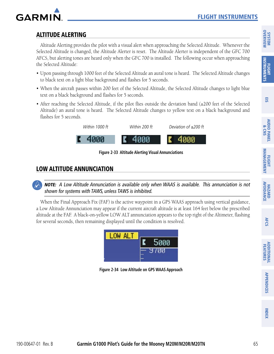 Altitude alerting, Low altitude annunciation, Flight instruments | Garmin G1000 Mooney M20TN User Manual | Page 76 / 494