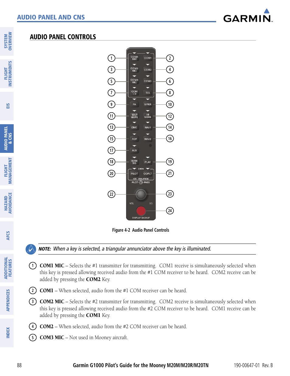 Audio panel controls, Audio panel and cns | Garmin G1000 Mooney M20TN User Manual | Page 99 / 494