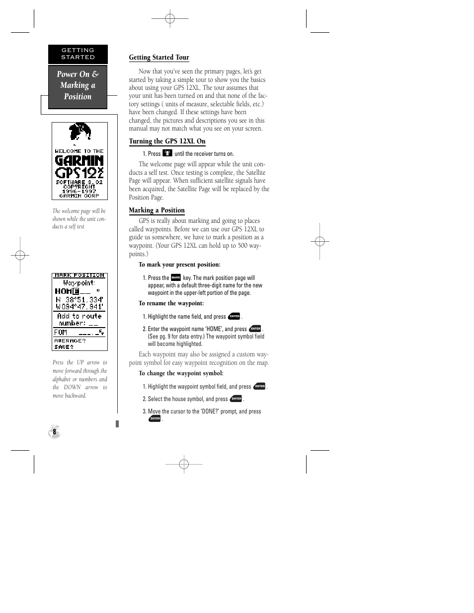 Power on & marking a position | Garmin GPS 12XL User Manual | Page 12 / 64