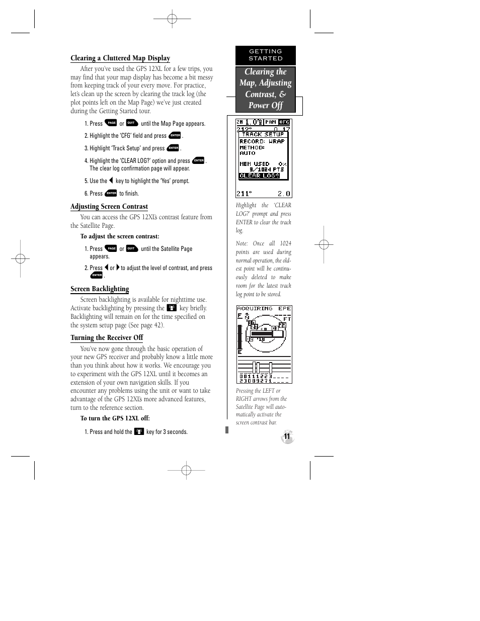 Clearing the map, adjusting contrast, & power off | Garmin GPS 12XL User Manual | Page 15 / 64