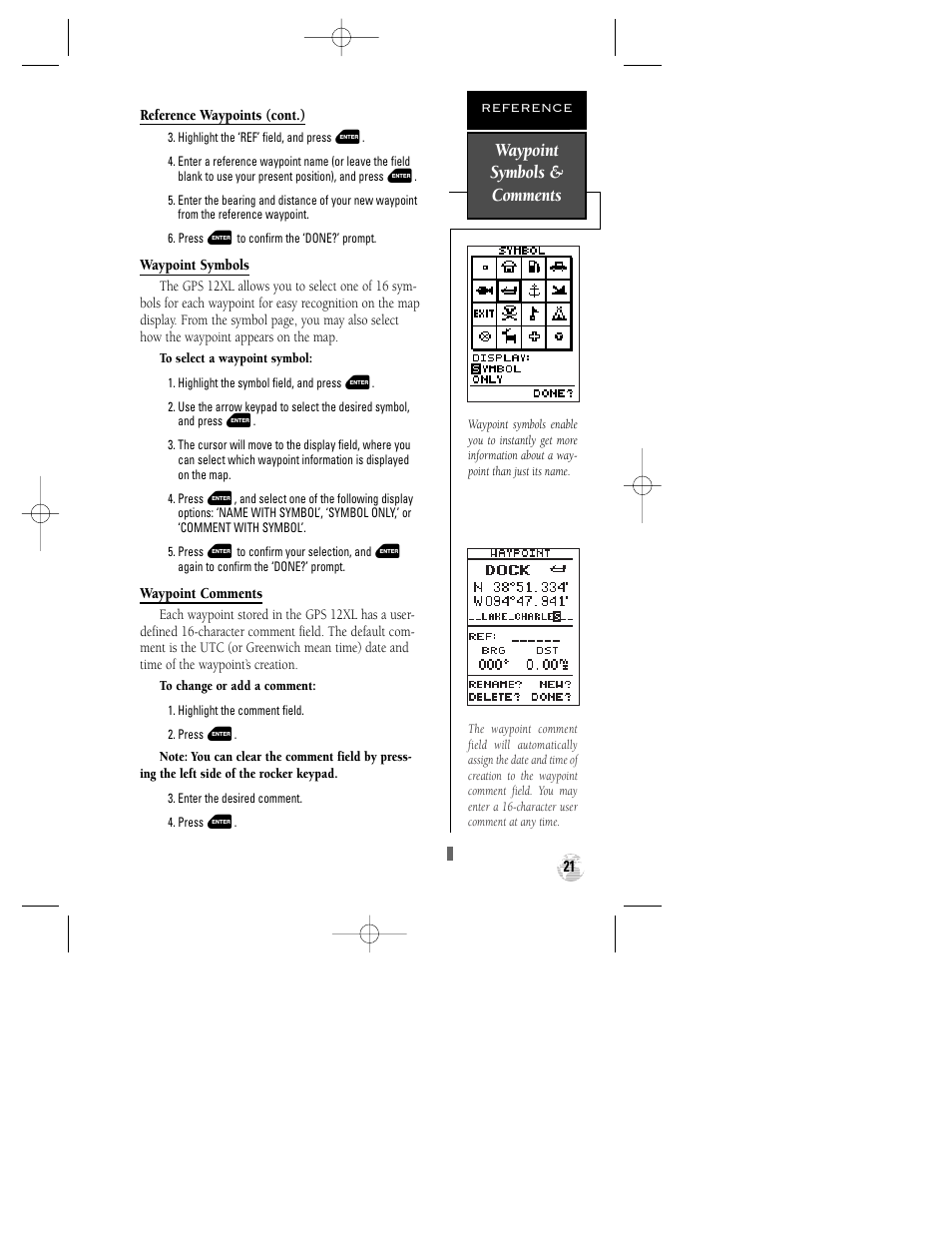 Waypoint symbols & comments | Garmin GPS 12XL User Manual | Page 25 / 64