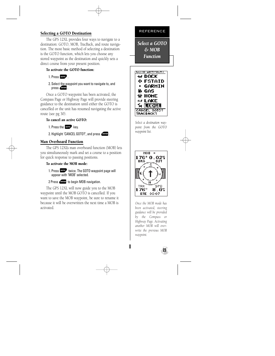 Select a goto & mob function | Garmin GPS 12XL User Manual | Page 27 / 64