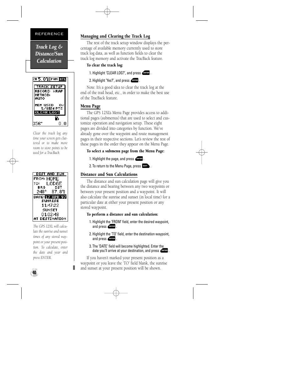 Track log & distance/sun calculation | Garmin GPS 12XL User Manual | Page 44 / 64