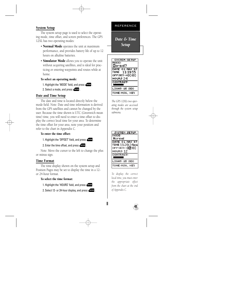 Date & time setup | Garmin GPS 12XL User Manual | Page 45 / 64