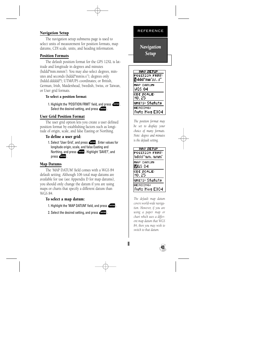 Navigation setup | Garmin GPS 12XL User Manual | Page 47 / 64