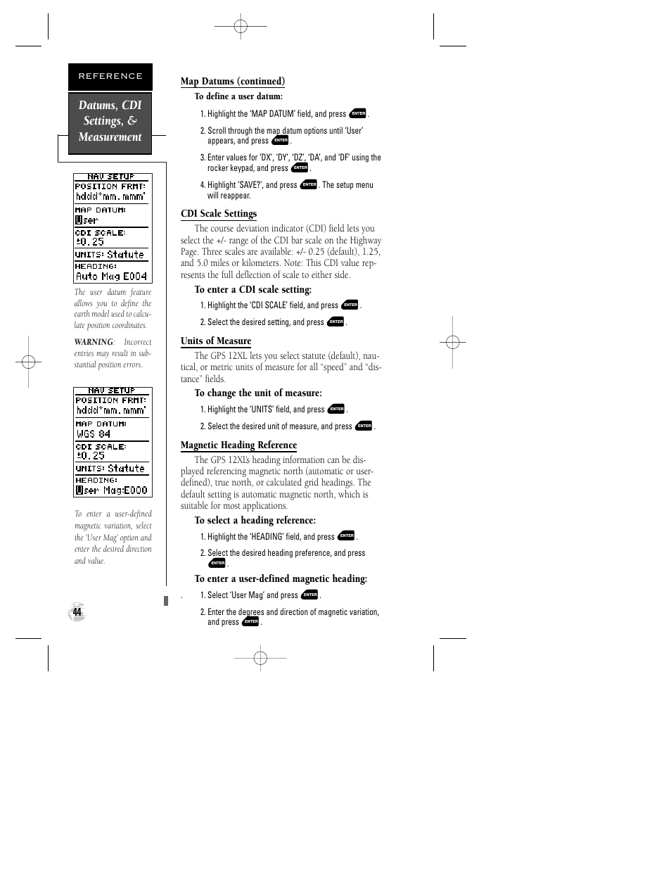 Datums, cdi settings, & measurement | Garmin GPS 12XL User Manual | Page 48 / 64