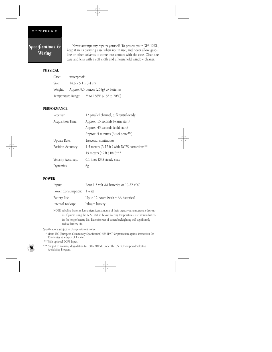 Specifications & wiring | Garmin GPS 12XL User Manual | Page 54 / 64