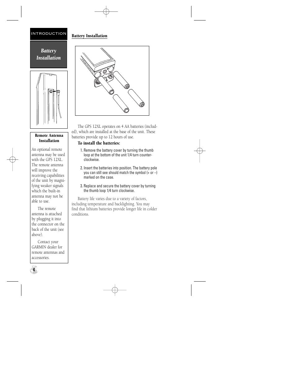 Battery installation | Garmin GPS 12XL User Manual | Page 8 / 64