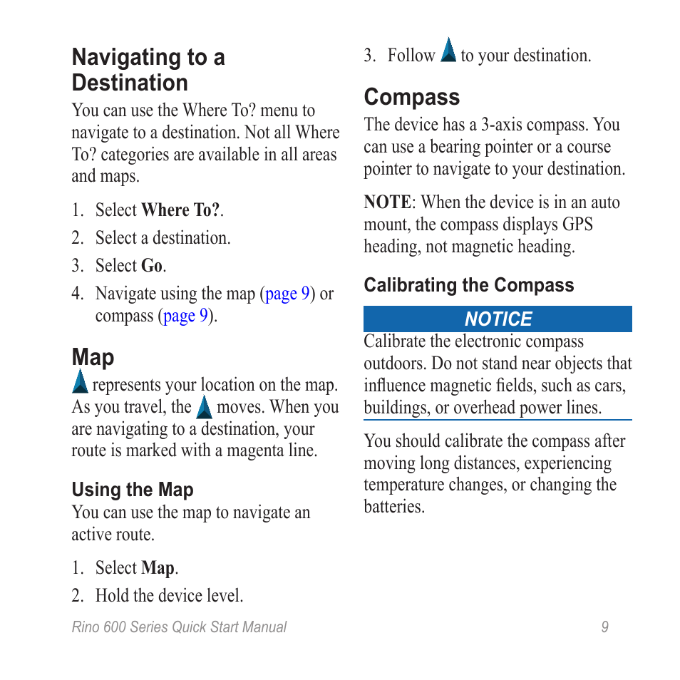 Navigating to a destination, Compass | Garmin Rino 655t User Manual | Page 9 / 12