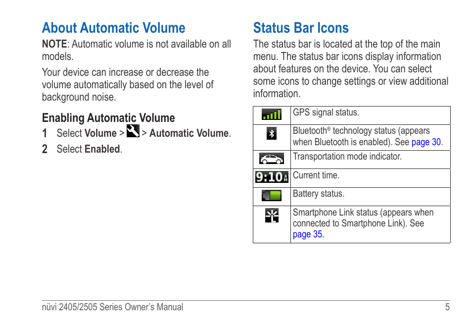 About automatic volume, Status bar icons | Garmin nuvi 2595LT User Manual | Page 11 / 88