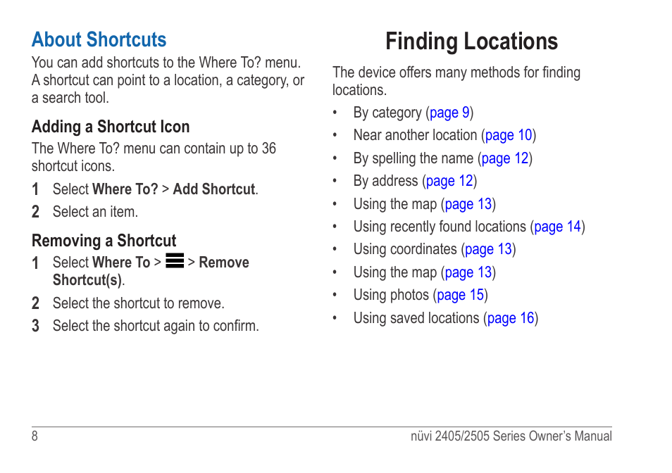 About shortcuts, Finding locations | Garmin nuvi 2595LT User Manual | Page 14 / 88