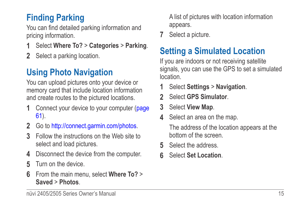 Finding parking, Using photo navigation, Setting a simulated location | Using photos | Garmin nuvi 2595LT User Manual | Page 21 / 88