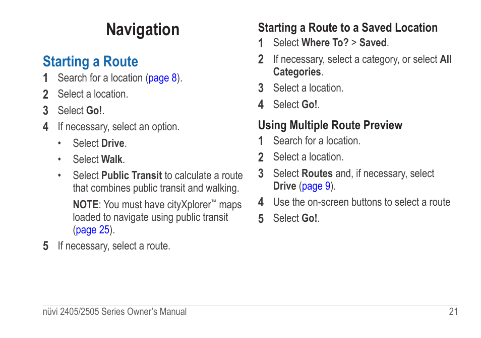 Navigation, Starting a route | Garmin nuvi 2595LT User Manual | Page 27 / 88