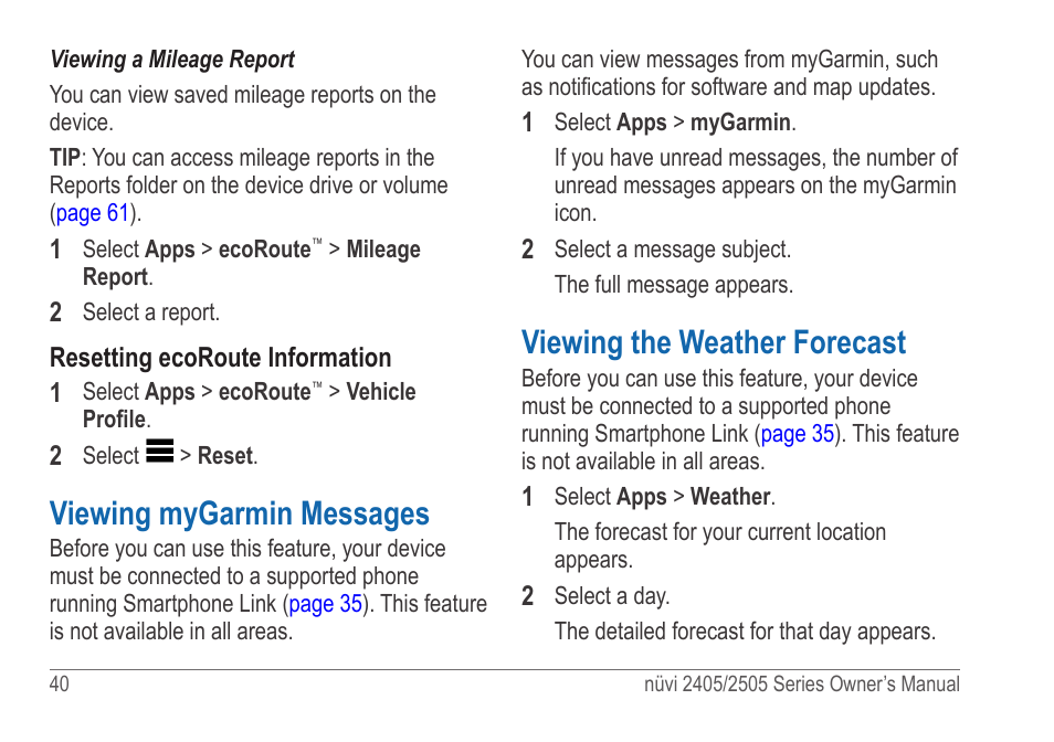 Viewing mygarmin messages, Viewing the weather forecast | Garmin nuvi 2595LT User Manual | Page 46 / 88