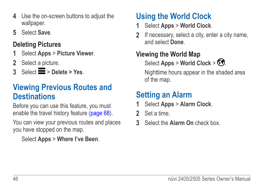 Viewing previous routes and destinations, Using the world clock, Setting an alarm | Garmin nuvi 2595LT User Manual | Page 52 / 88