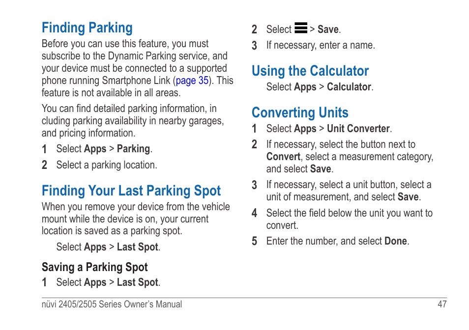 Finding parking, Finding your last parking spot, Using the calculator | Converting units | Garmin nuvi 2595LT User Manual | Page 53 / 88