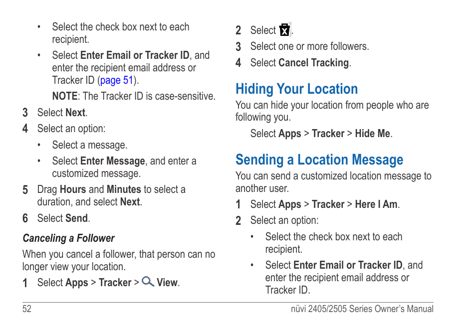 Hiding your location, Sending a location message | Garmin nuvi 2595LT User Manual | Page 58 / 88